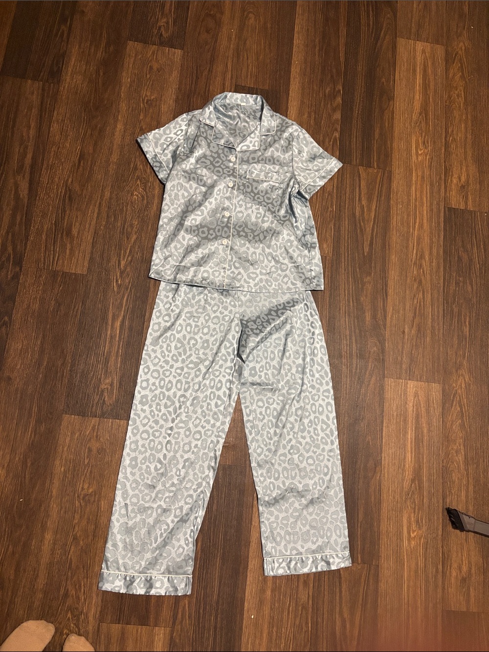 Satin Leopard-Print Pajama Set - Light Blue